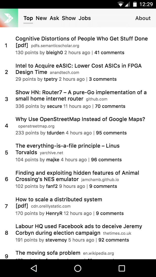 Elm HN HN PWA running on a mobile phone